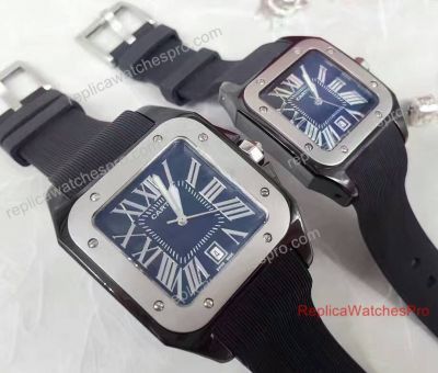 High Quality Black Rubber Strap For Cartier Santos 100 Replica Watch